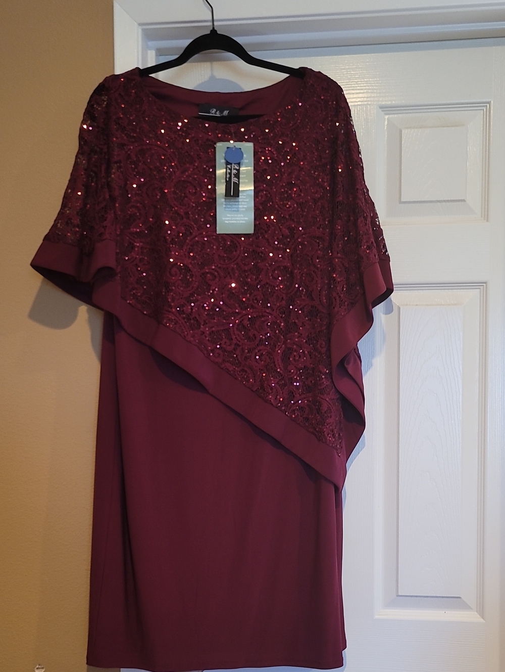 R & M Richards Burgundy Sequin Lace Midi Dress